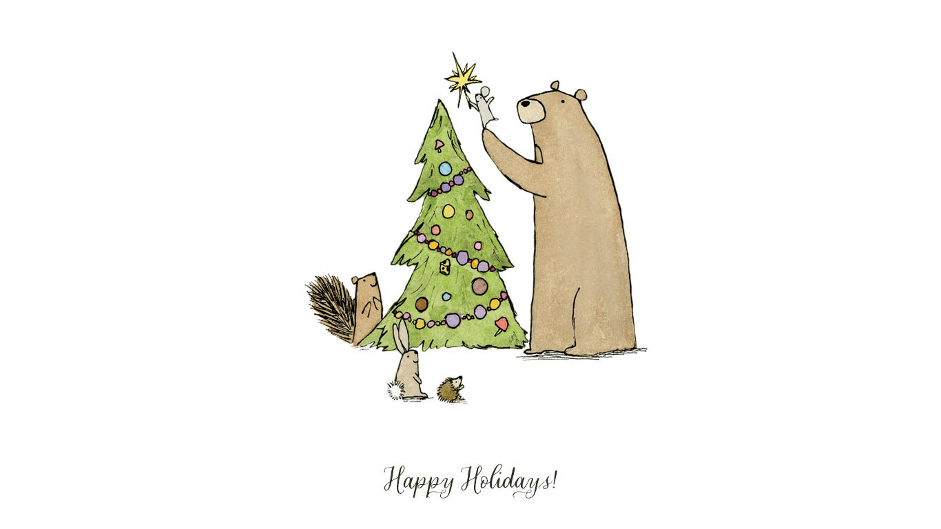 Bear ly Reaching The Tree Hand Painted Holiday Card Peanuts Pinecones bear-ly-reaching-the-tree-hand-painted-holiday-card-peanuts-pinecones